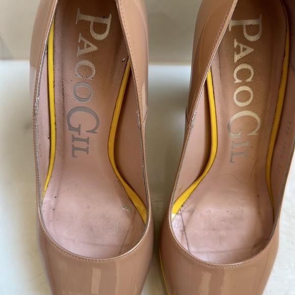Paco Gil size 7/37 Patent Leather Nude, Yellow, Aegean Stacked 4 inch Heels - Picture 6 of 8